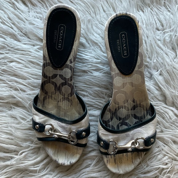 Coach Natala Black/White Canvas Leather Trim Slip-On Wedge Sandals EUC Size 10 - Picture 3 of 10